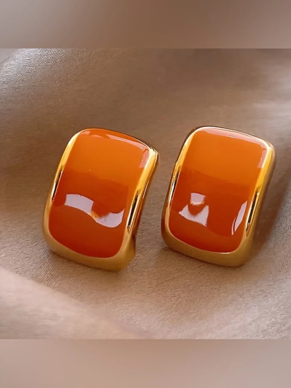 Gold-Tone Orange Rectangular Enamel Earrings - Picture 5 of 5